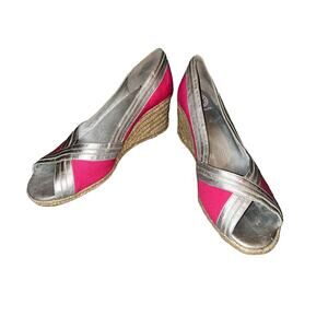 Lilly Pulitzer‎ Via Palm Beach Womens Hot pink Silver Espadrille Wedge Size 9.5